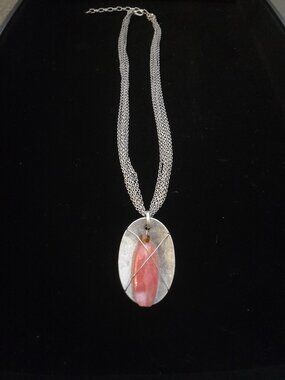 Silver Tone Pink Stone Pendant Necklace 22–25” Statement Jewelry